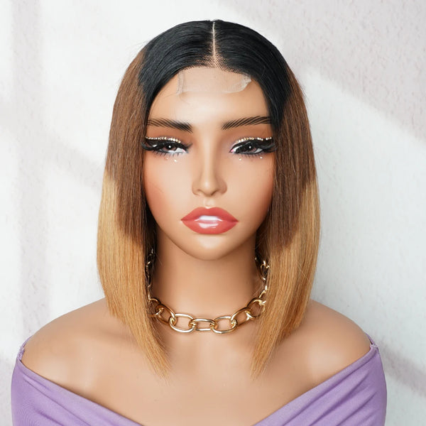 Frontal mannequin close-up of 2×6 Bob lace closure wig, ombre off black to brown and copper brown straight texture, showing lace hairline and middle part.