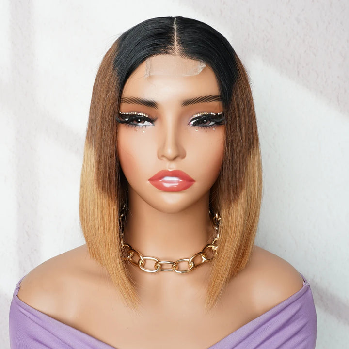 Frontal mannequin close-up of 2×6 Bob lace closure wig, ombre off black to brown and copper brown straight texture, showing lace hairline and middle part.