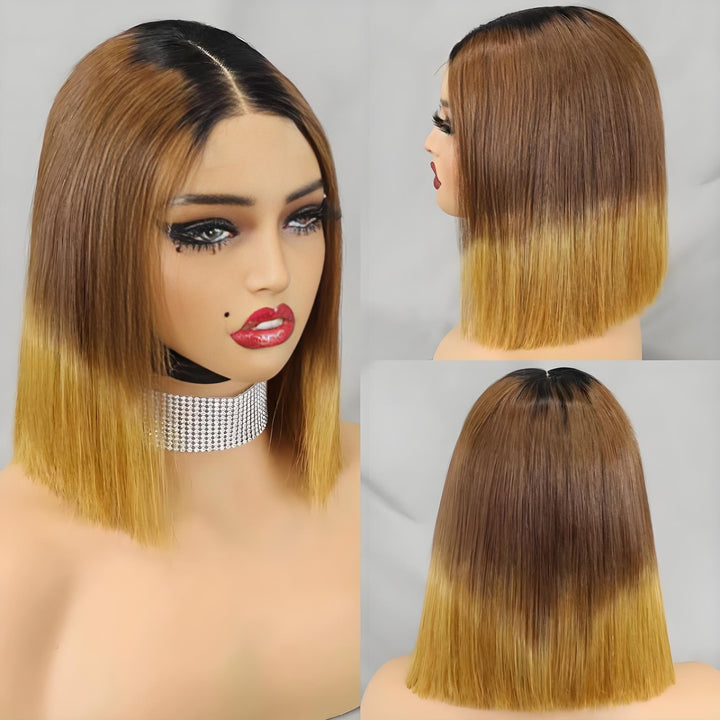 Three-panel display of 2×6 Bob lace closure wig in straight ombre off black to medium brown and copper brown, showing front, side, and back.