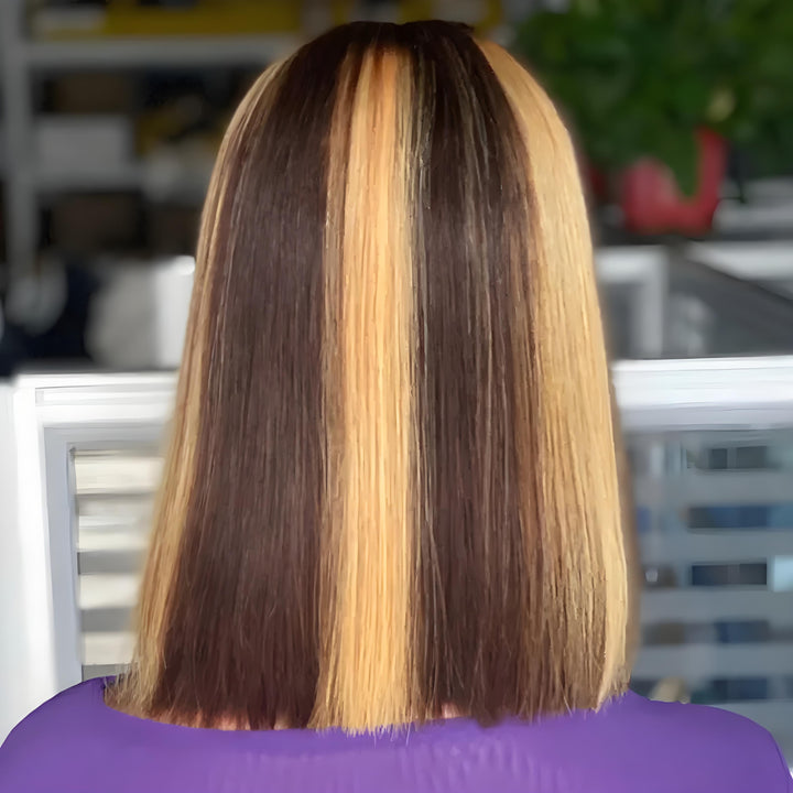 Back view of 2×6 Bob straight lace closure wig showing uniform blunt cut, medium brown base color, and auburn highlight placement.