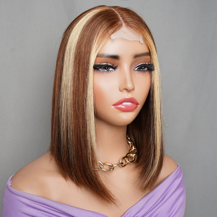 Angled front view of 2×6 Bob straight lace closure wig with medium brown base and auburn highlights, styled with sleek middle parting.