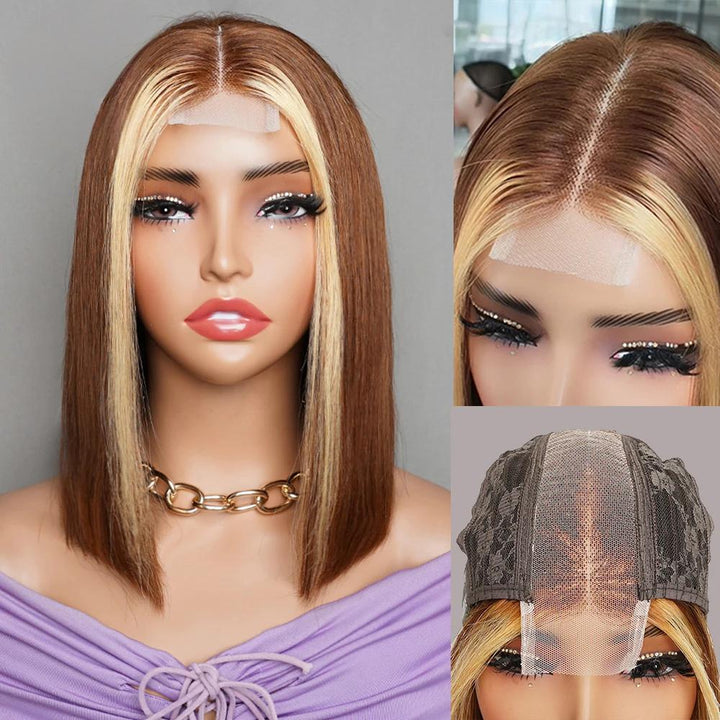 Frontal mannequin view of 2×6 Bob straight lace closure wig in medium brown with auburn highlights, showing lace parting and cap construction details.