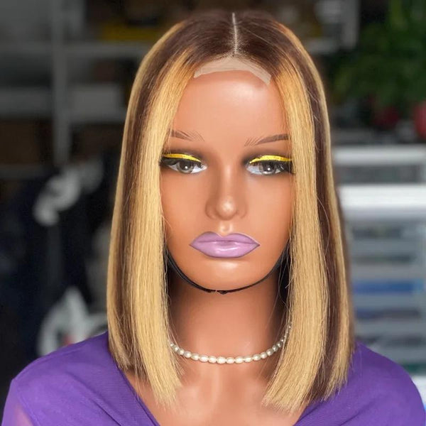 Frontal mannequin display of 2×6 Bob straight lace closure wig with medium brown base and auburn highlights, styled with natural middle part.