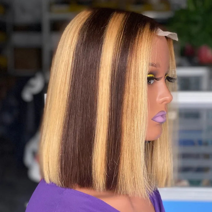 Left side mannequin display of 2×6 Bob straight lace closure wig featuring sleek texture, blunt cut, and auburn highlights on medium brown base.