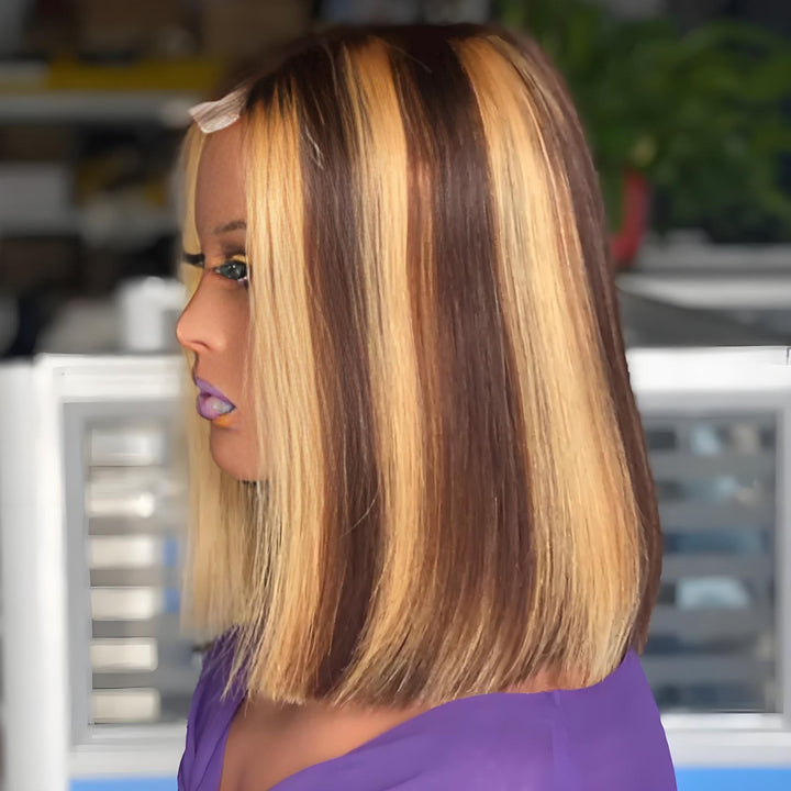 Side profile of 2×6 Bob lace closure wig in straight style, showing medium brown base with auburn highlights and sleek blunt cut.