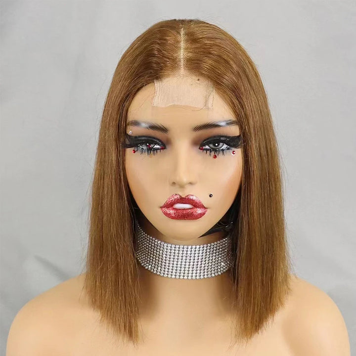 Front view of 2×6 Bob straight brown lace closure wig on mannequin, showing lace parting and natural brown color.