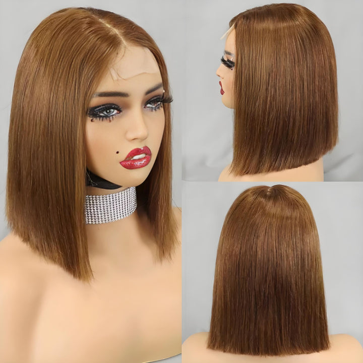 Collage showing mannequin wearing 2×6 Bob straight brown lace closure wig from front, side, and back views, highlighting sleek cut and natural lace parting.