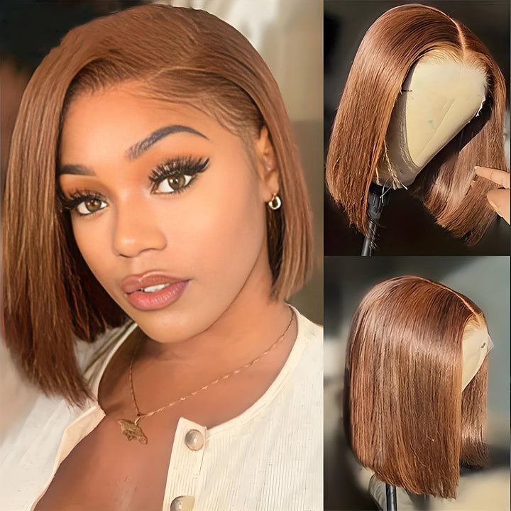 Model wearing 2×6 Bob straight brown lace closure wig with close-up of hairline and mannequin side views, highlighting realistic lace melt.