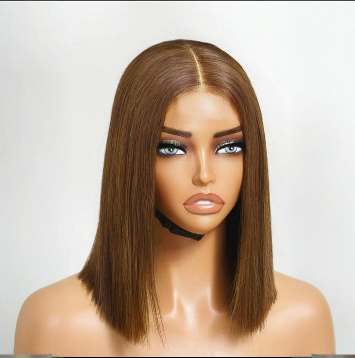 Mannequin display of 2×6 Bob straight brown lace closure wig, center part lace detail with natural sleek finish.