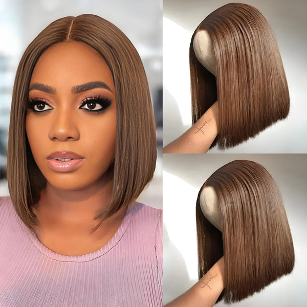 Collage with model and mannequin showcasing 2×6 Bob straight brown lace closure wig, silky straight cut and natural brown shade.