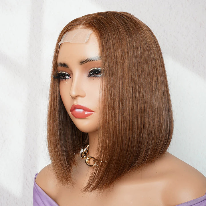 Side angle view of 2×6 Bob straight brown lace closure wig on mannequin, showing smooth brown texture and lace front.