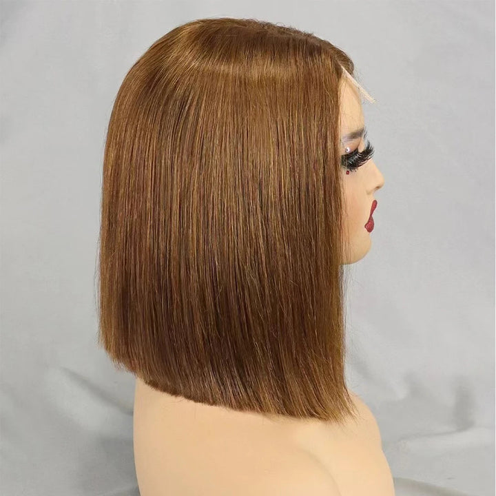 Side profile of mannequin with 2×6 Bob straight brown lace closure wig, displaying blunt cut ends and smooth texture.