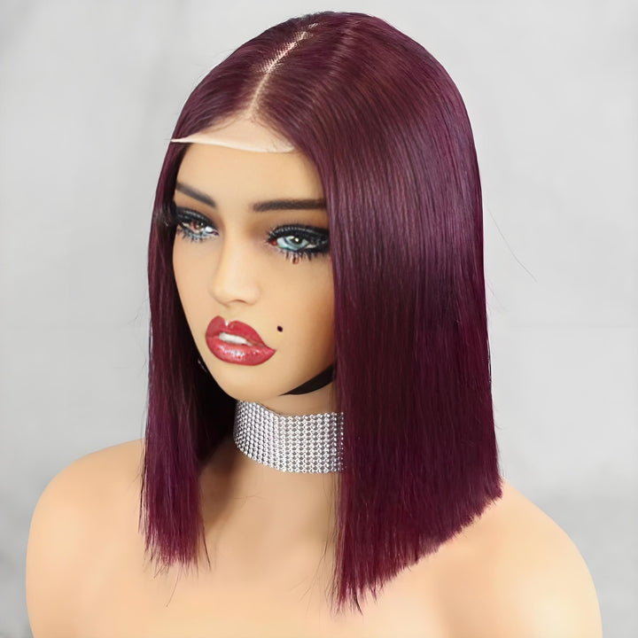 Angled side-front view of 2×6 Bob straight Burgundy Wine Red wig on mannequin, highlighting silky texture and lace parting.