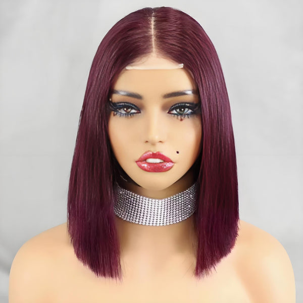 Front view of mannequin with 2×6 Bob straight Burgundy Wine Red lace closure wig, middle part and pre-plucked hairline.