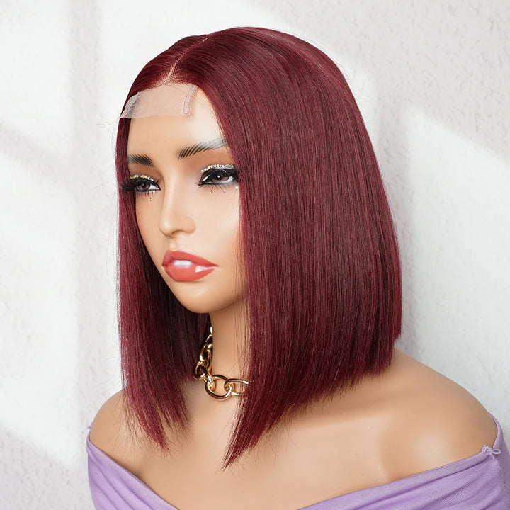 Mannequin display of 2×6 Bob straight Burgundy Wine Red wig, lace part visible, silky texture with vibrant red hue.