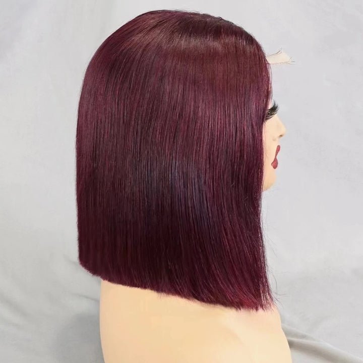 Side view of 2×6 Bob straight lace closure wig in Burgundy Wine Red, showing sleek cut and rich wine red tone.