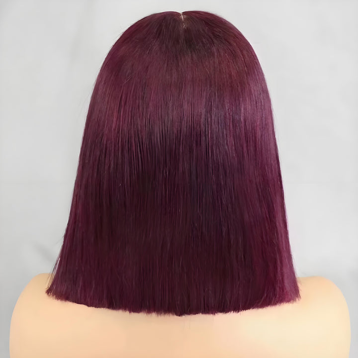 Back view of 2×6 Bob straight Burgundy Wine Red lace closure wig, showcasing blunt bob cut and vibrant burgundy shine.
