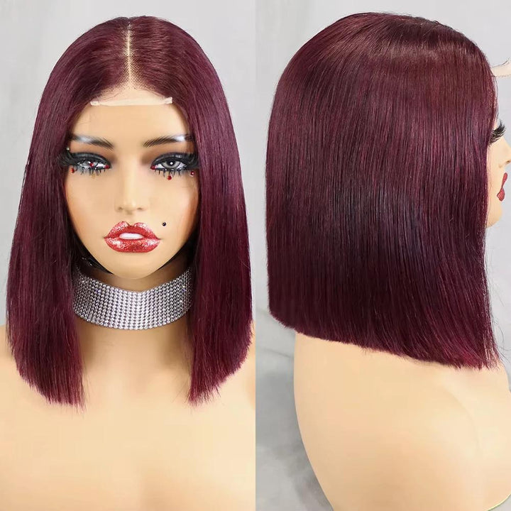 Mannequin display of 2×6 Bob straight Burgundy Wine Red wig, shown from front and side angles, sleek silky cut with natural lace part.