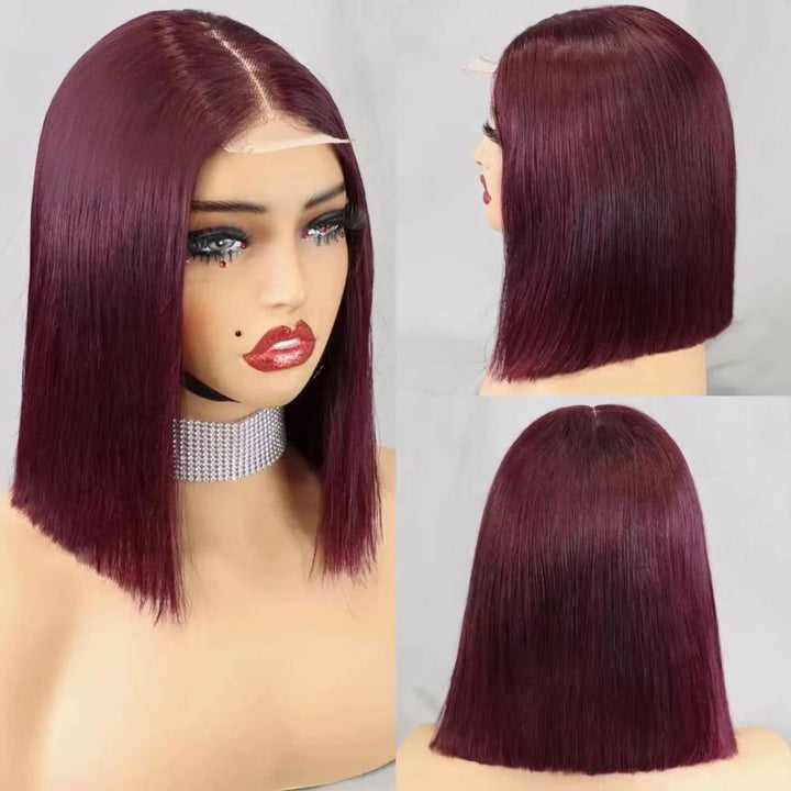 Collage showing front, side, and back views of 2×6 Bob straight Burgundy Wine Red wig, with natural middle lace parting.