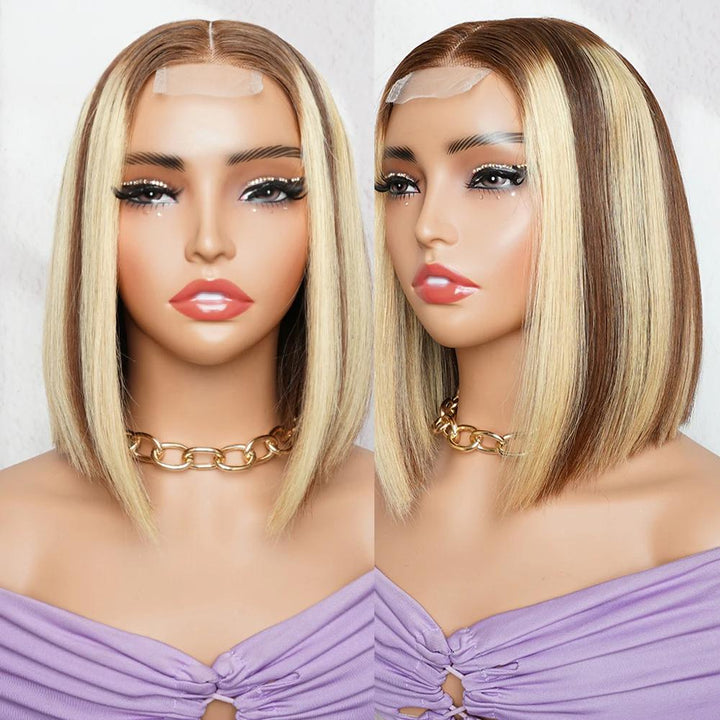 Dual mannequin views of 2×6 Bob straight wig, medium brown with honey blonde highlights, front and side angles.