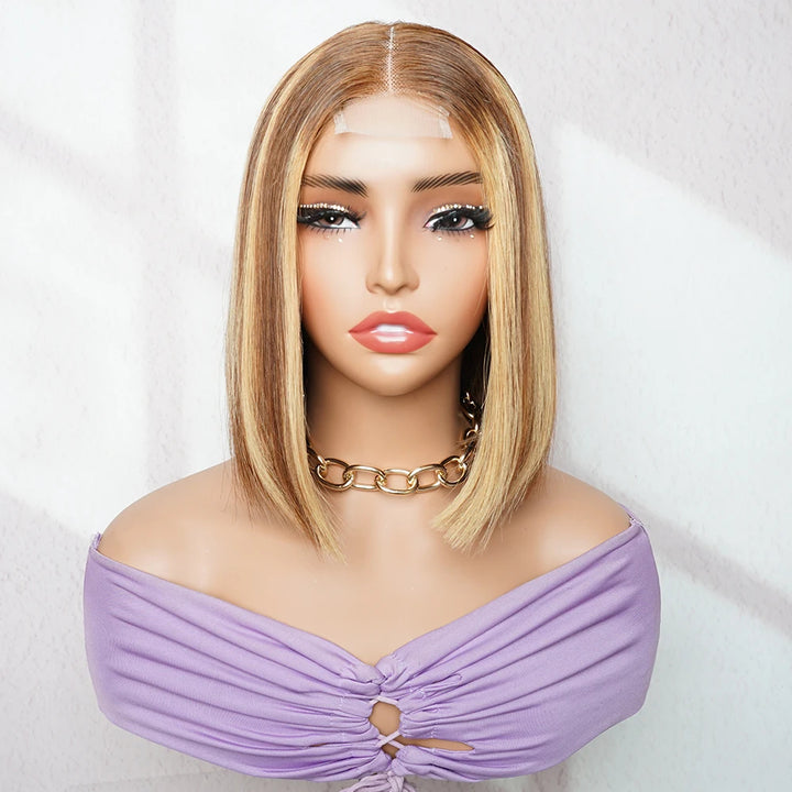 Close-up mannequin front view of 2×6 Bob straight wig, medium brown with honey blonde highlights, natural lace part.