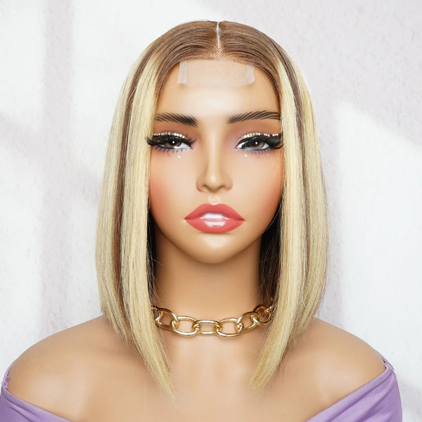 Front mannequin view of 2×6 Bob straight wig in medium brown with honey blonde highlights, showing lace closure parting.