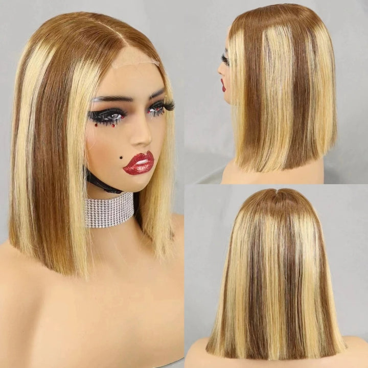 Multi-angle mannequin display of 2×6 Bob straight wig in medium brown with honey blonde highlights, showing front, side, and back views.
