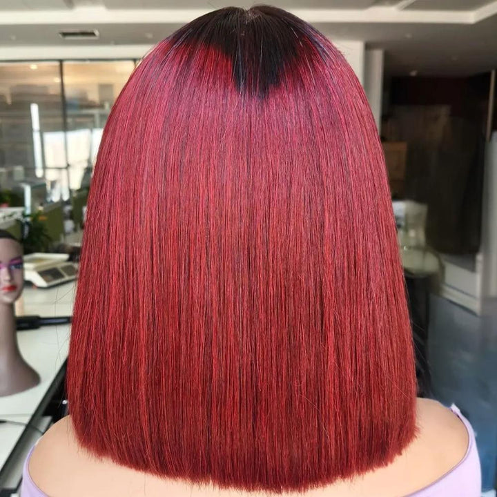 Back display of 2×6 Bob straight Ombre Off Black to Burgundy Red wig, showing smooth texture and blunt cut.