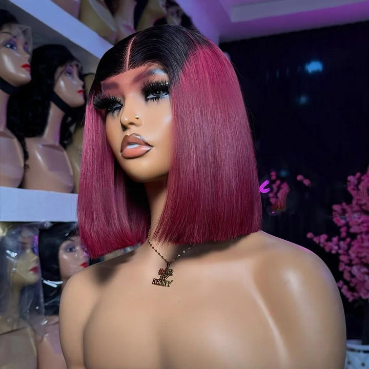 Mannequin in darkroom wearing 2×6 Bob straight Ombre Off Black to Burgundy Red wig, sleek middle part and natural lace.