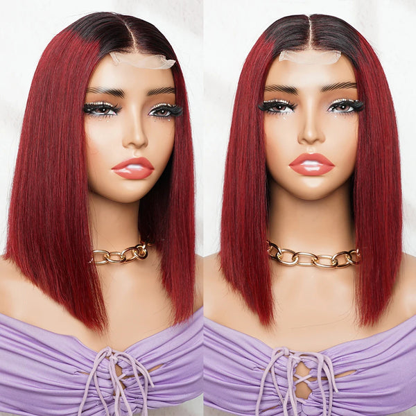 Dual mannequin front display of 2×6 Bob straight Ombre Off Black to Burgundy Red wig, sleek style with lace middle part.