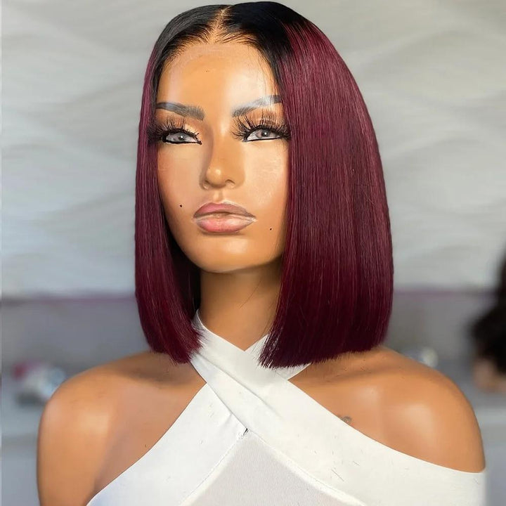 Front mannequin display of 2×6 Bob straight Ombre Off Black to Burgundy Red wig, sleek bob with lace closure.