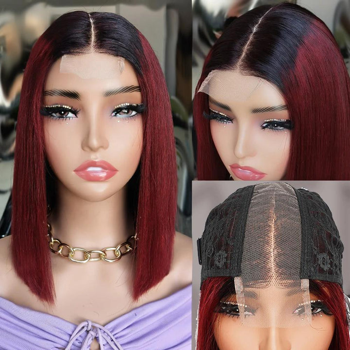 Close-up view of lace cap and parting on 2×6 Bob straight Ombre Off Black to Burgundy Red wig.