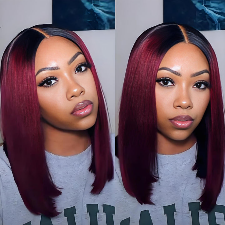 Two model views of 2×6 Bob straight Ombre Off Black to Burgundy Red wig, sleek cut with natural lace part.