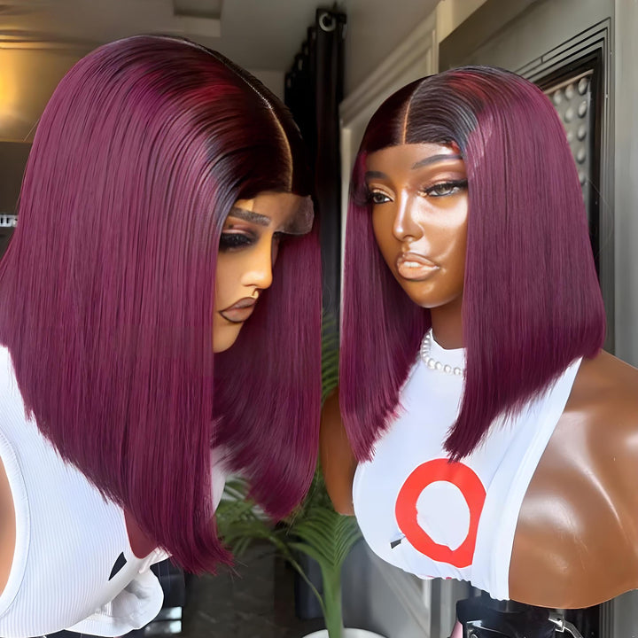 Side and front mannequin showcase of 2×6 Bob straight Ombre Off Black to Burgundy Red wig, showing smooth blunt bob.