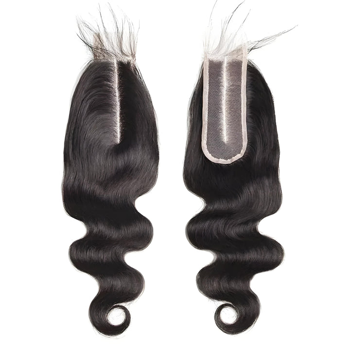 Front and back view of 2×6 body wave lace closure in natural color, highlighting lace construction and curl pattern.