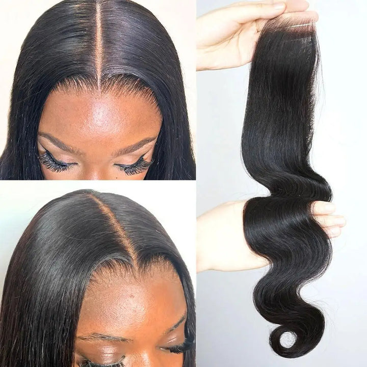 Close-up of natural hairline with 2×6 body wave lace closure in natural color, showing realistic scalp parting.