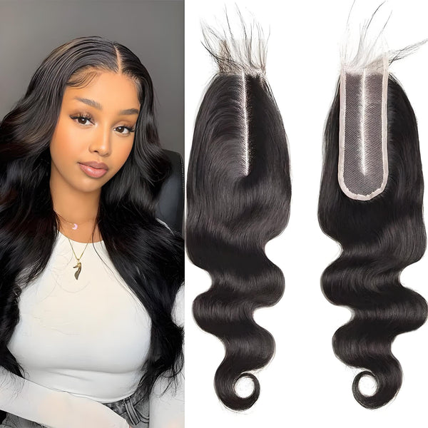 Model wearing natural color 2×6 body wave lace closure with close-up product view showing lace and curls.