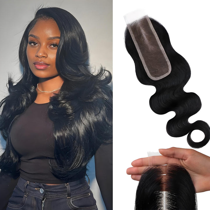 Model wearing natural color 2×6 body wave lace closure, showing seamless blending and full volume.