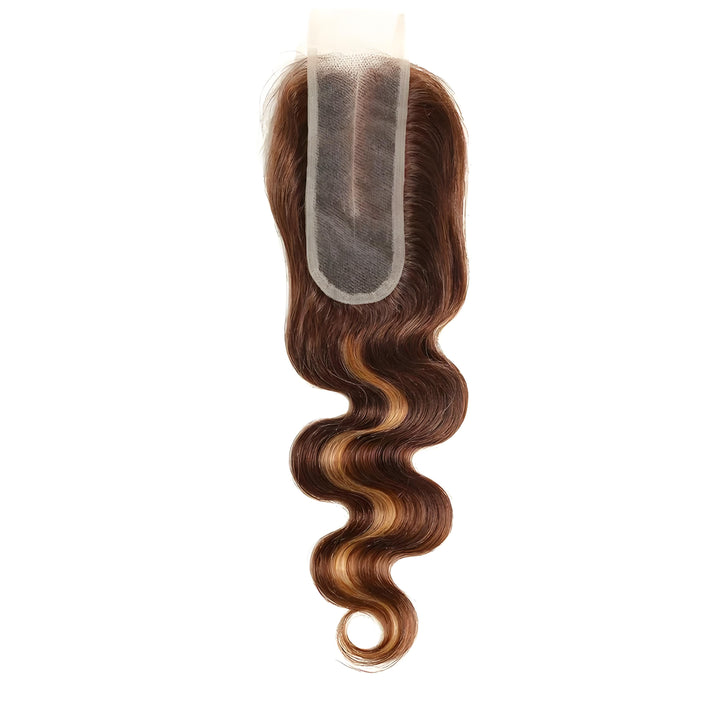 Front view of 2×6 body wave lace closure in medium brown with honey blonde highlights, displayed on white background.