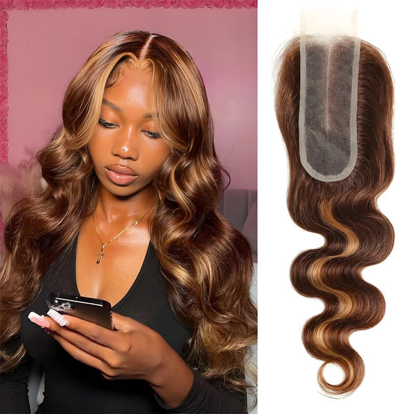 Model wearing 2×6 body wave lace closure in medium brown with honey blonde highlights, styled with center part and soft curls.