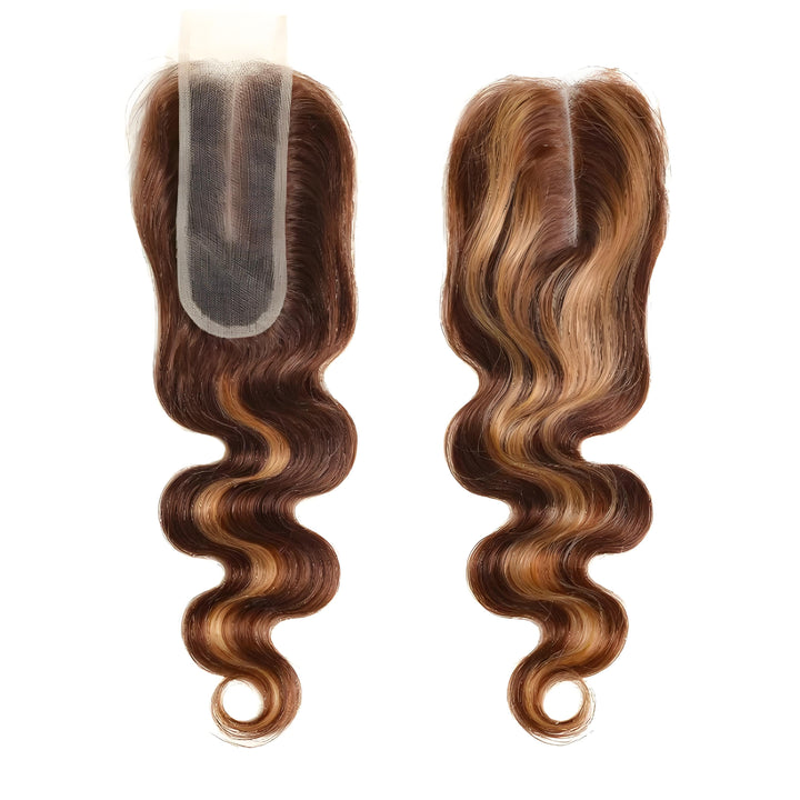 Side-by-side display of two 2×6 body wave lace closures in medium brown with honey blonde highlights, showing color variation and wave definition.