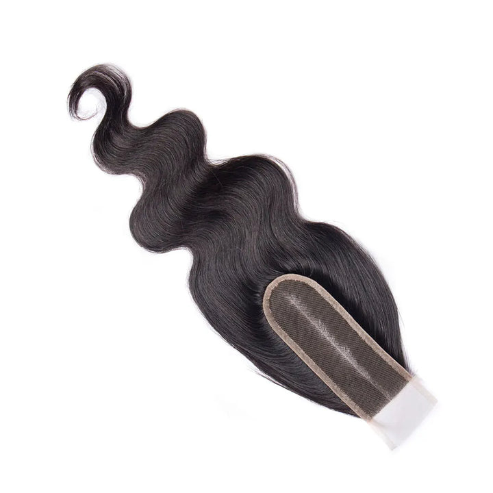 Side angle of natural color 2×6 body wave lace closure, showing soft wave flow and lace detail.