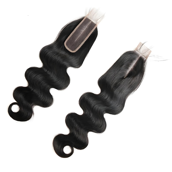 Two natural color 2×6 body wave lace closures displayed, showing lace base and wavy texture.