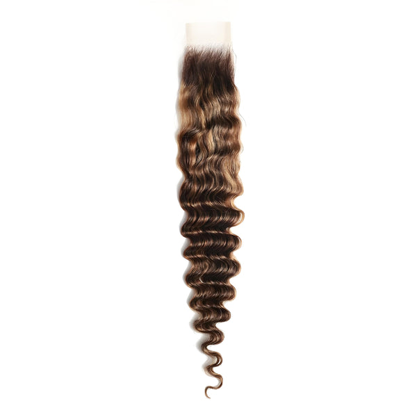 Full length view of 2×6 deep wave lace closure in medium brown with honey blonde highlights, highlighting defined curls and parting space.