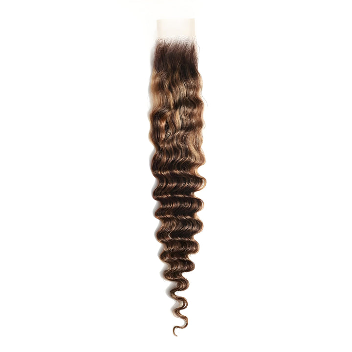 Full length view of 2×6 deep wave lace closure in medium brown with honey blonde highlights, highlighting defined curls and parting space.