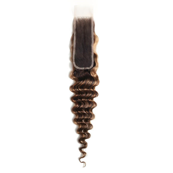 Top view of lace base on 2×6 deep wave lace closure in medium brown with honey blonde highlights, showing parting area and neat hair knots.
