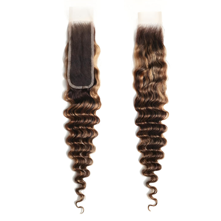 Dual display of 2×6 deep wave lace closure in medium brown with honey blonde highlights, showing lace top and full hair texture.