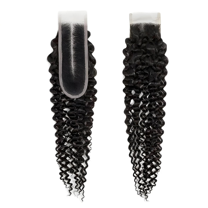 Two natural color 2×6 deep wave lace closures side by side, showing hand-tied lace base and curl definition.