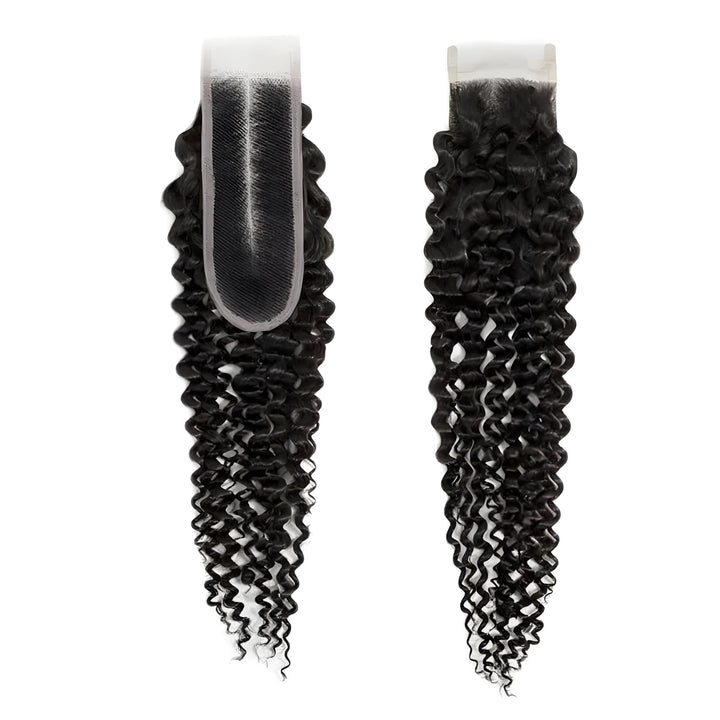 Pair of natural color 2×6 deep wave lace closures shown flat, highlighting curl pattern and lace base design.