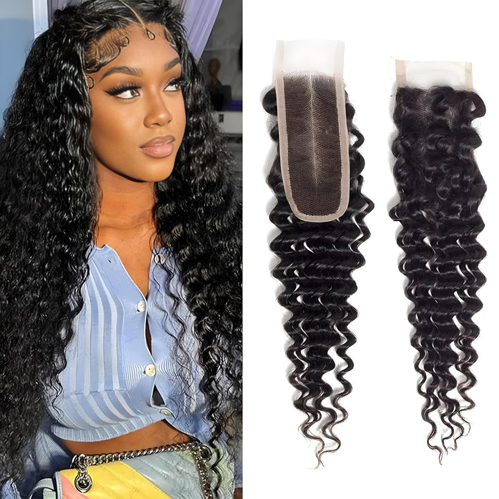 Smiling model showcasing natural color 2×6 deep wave lace closure with HD lace and soft curly texture.